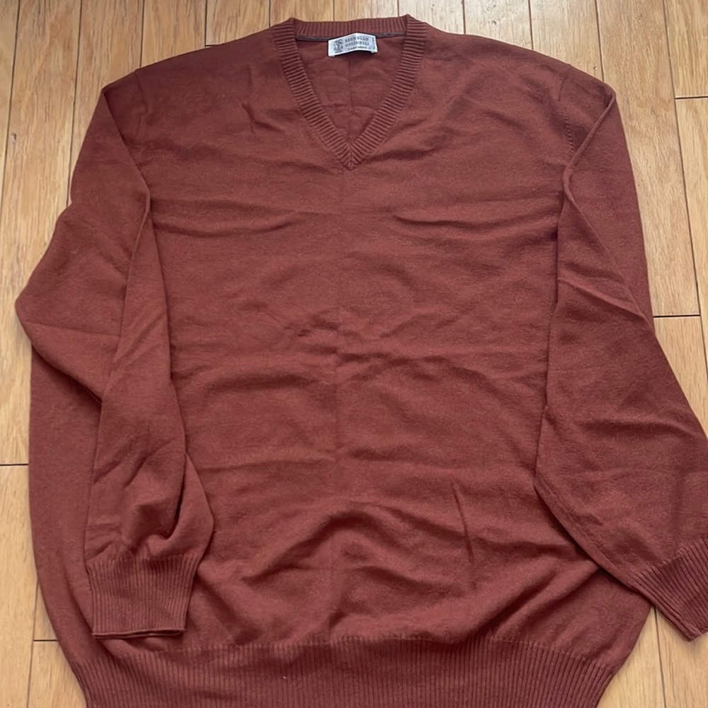 New Brunello Cucinelli Cashmere Sweater - XL Size 64 - Red Orange V Neck